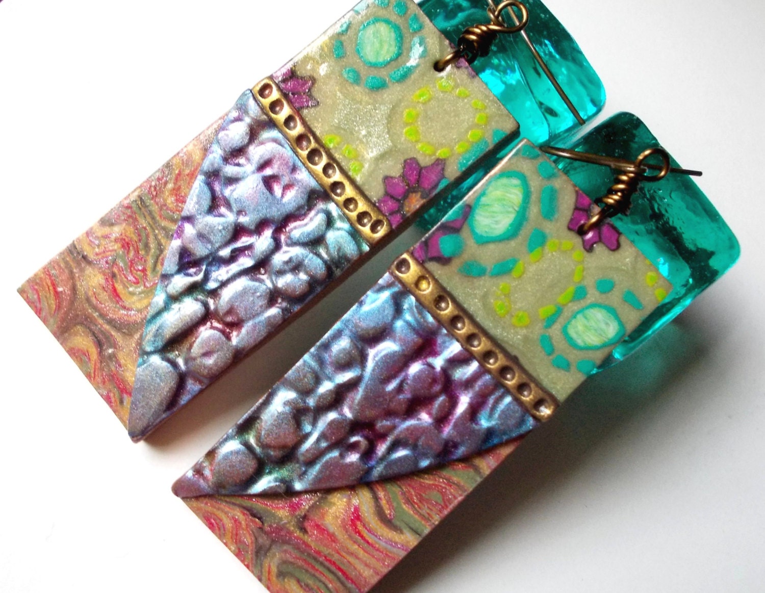 Polymer clay earrings, Pearlescent Shimmer, layered, bead, tile, brass, long, dangle, red pink purple blue flowers canes mica metallic gold