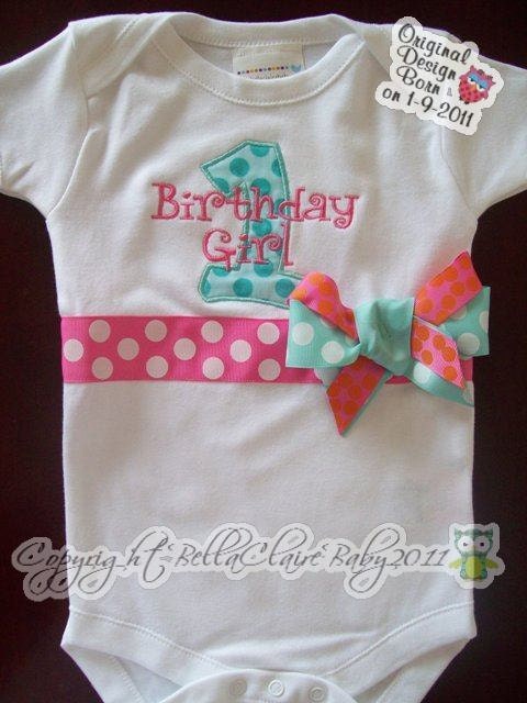 Name bodysuit onesie for baby girls Initial Number Applique Custom design- hot pink aqua tangerine