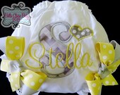 Gray Chevron Birthday Heart Diaper Cover for girls Initial applique Custom Order- butter yellow gray Bloomers silver sparkle bows