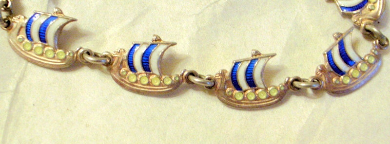 Danish Modern Bracelet - Sterling - 1960s - Viking Ships - Blue And White Guilloche Enamel - Volmer Bahner - Adorable