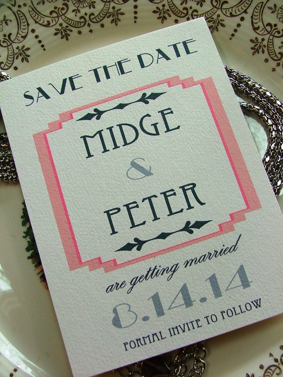 Peach Art Deco  Save the date cards, a deposit to begin order