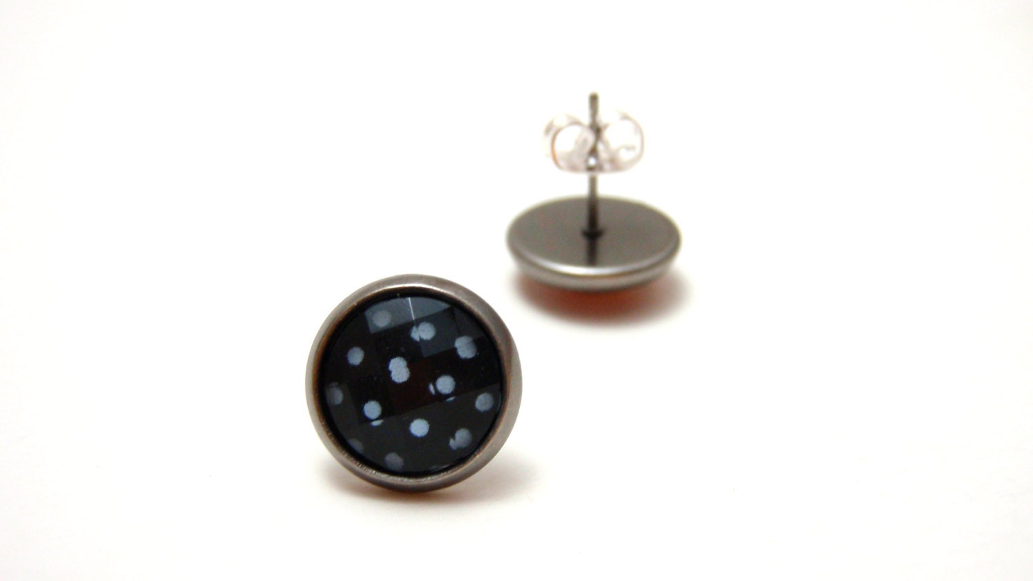 POLKA DOT Studs - Black and gray polka dot faceted rhinestone on gunmetal post earrings modern rockabilly