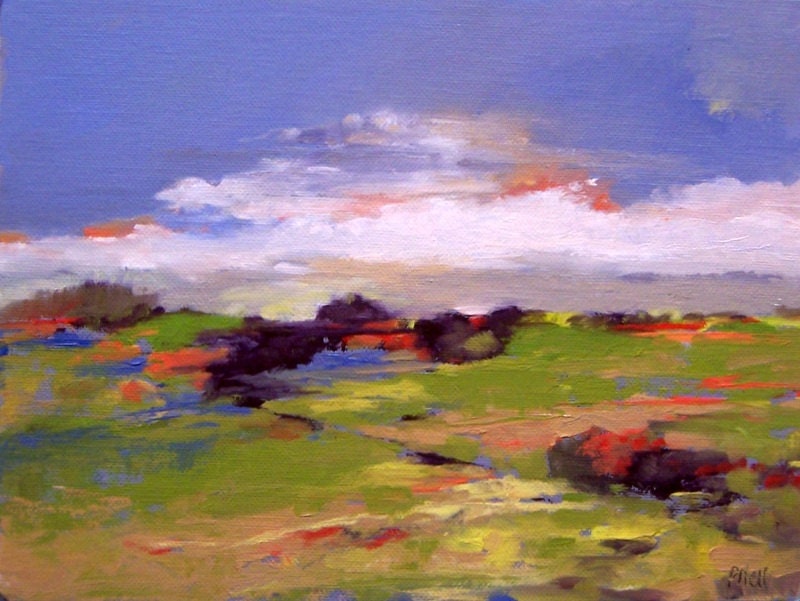 SPRING BREAK oil painting landscape 100% charity donation original painting, 9"x12" on canvas panel, clouds, fields, canvas, oil