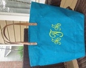 Teal / Peacock BlueMonogrammed / Personalized Large Jute Tote Bag