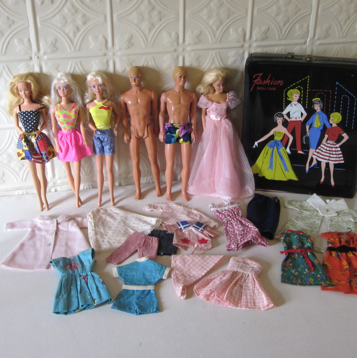 Barbie and Ken 1960's Dolls with Clothes and vintage Doll Case