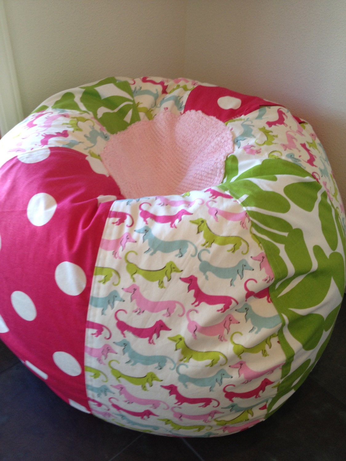 NEW Adorable dachshunds pink polka dot and green floral bean bag chair with chenille top