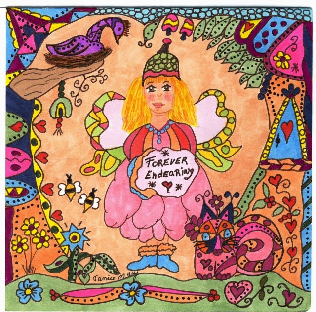 Fairy Whimsical Folk Art Print "Forever Endearing", Fantasy, Fairytale, Magic, Enchanted, Vibrant, Colorful. Flowers, Retro, Butterfly, Bird