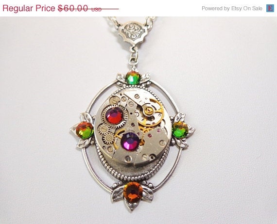 Sale 25% Off Steampunk Finery Vintage Watch Movement Necklace With Color Shifting Crystals