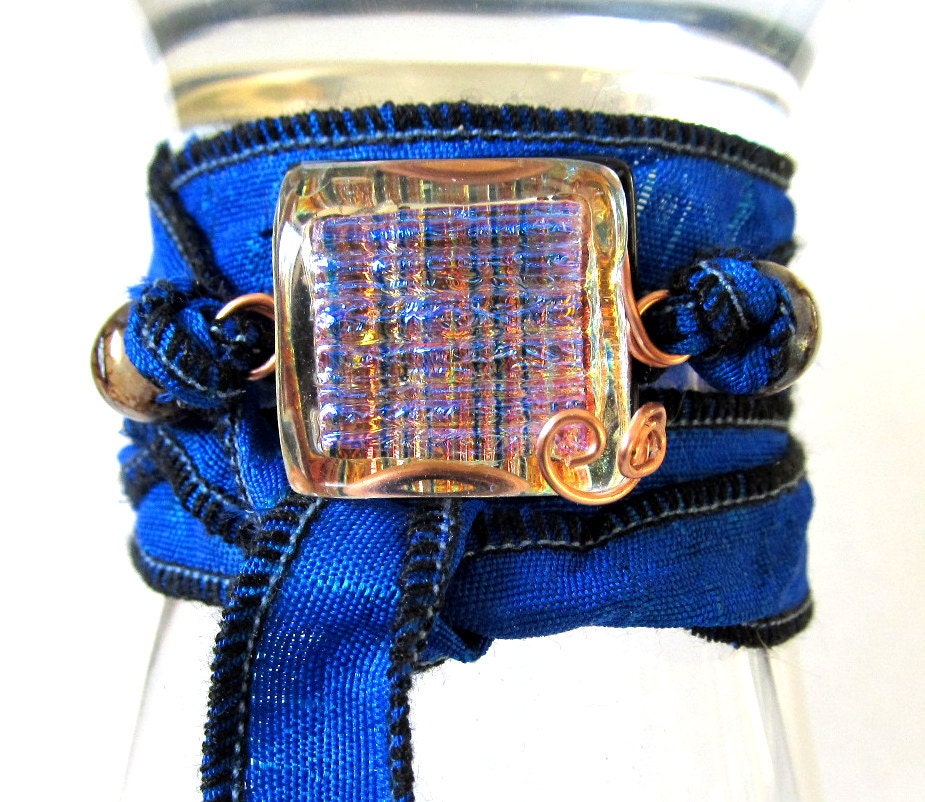 Beautiful Blue Shabby Recycled Sari Silk Ribbon and Fused Glass Wrap Bracelet - Fused Dichroic Glass Jewelry, Handmade in US Eco Friendly