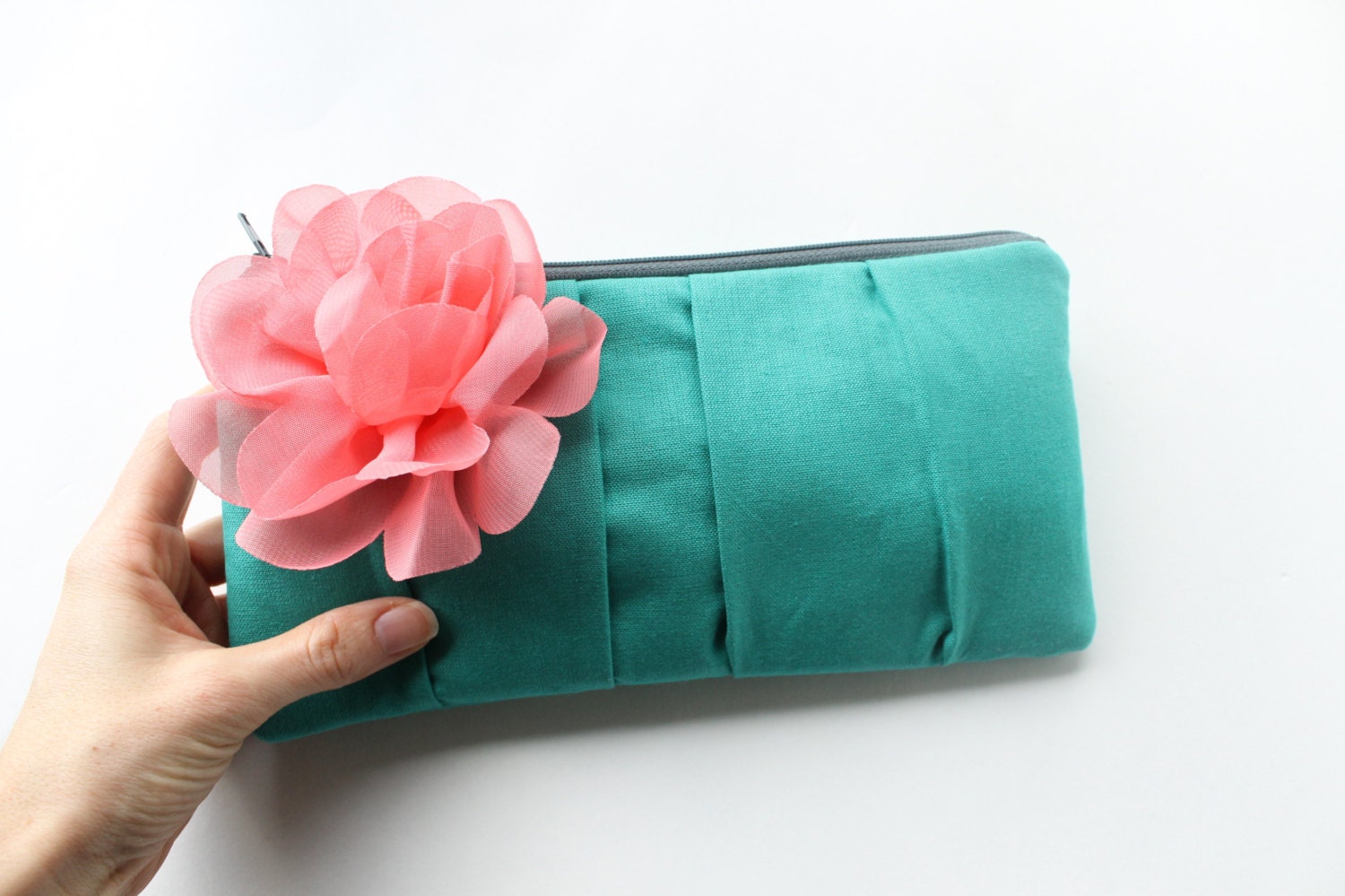 Clutch Purse, Turquoise and Coral, Bridesmaid Clutch, Wedding Bag, Flower Brooch, Choose Colors