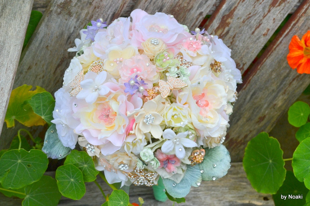 Softest Spring mint and blush handmade flower brooch bouquet -- deposit on a made-to-order wedding bouquet