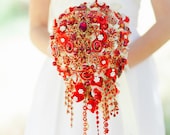 Ready to ship -- Cascading red and gold brooch bouquet