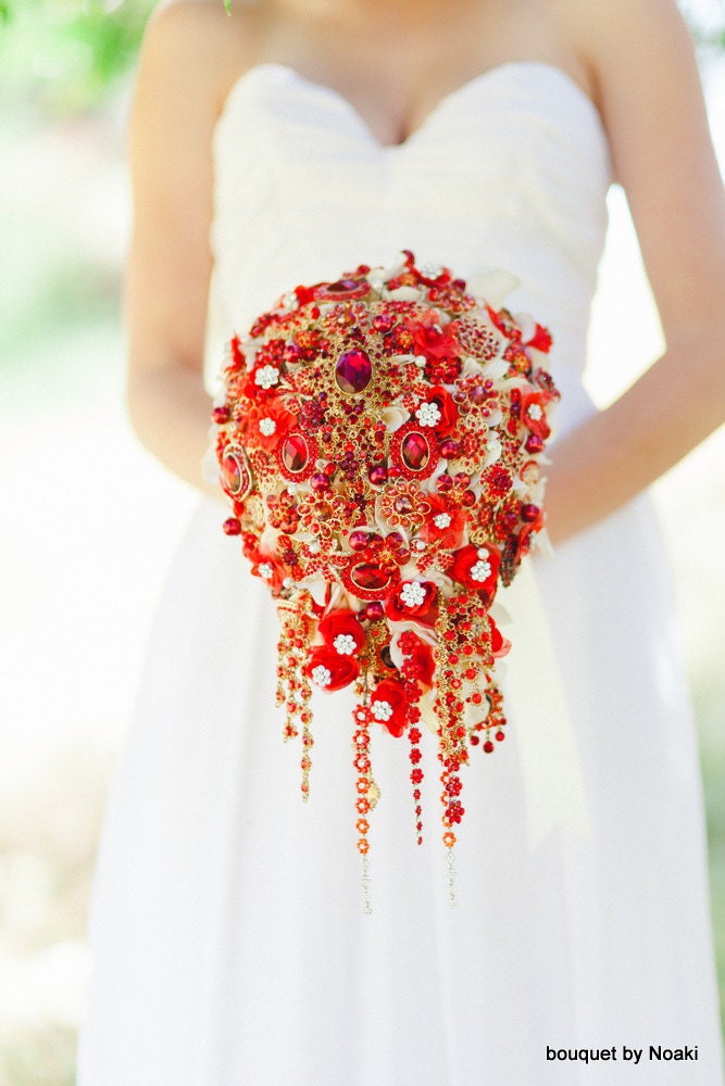 Ready to ship -- Cascading red and gold brooch bouquet