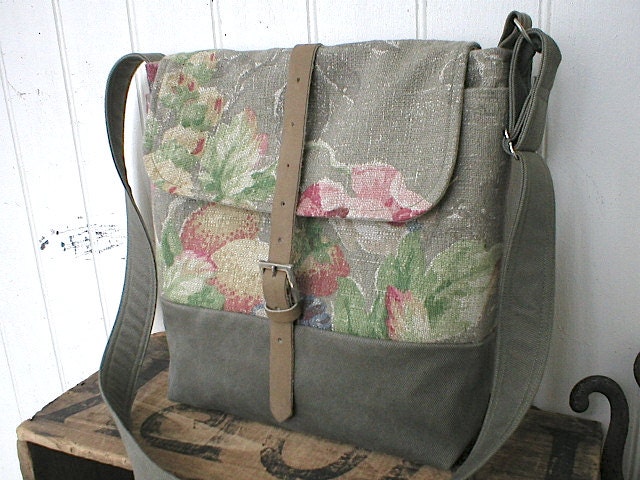 Floral linen messenger, iPad bag - smoke grey olive drab - eco vintage fabrics