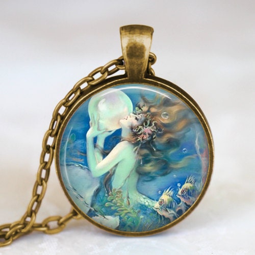 Art deco jewelry ,The mermaid with pearl necklace bronze , mermaid charm , mermaid resin art  jewelry  vintage  Henry O'Hara Clive