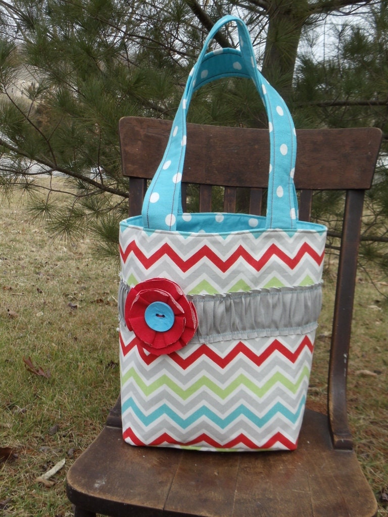 The "EVERY DAY" Tote Bag in modern grey / aqua / red / lime chevron & polka dots and shabby trim