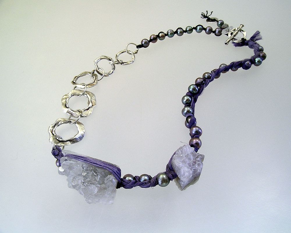 Urban Primitive Lavender Goddess Necklace, Fine Silver, Freshwater Pearls, Amethyst Nuggets, Eco-dyed Silk