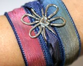Silk Ribbon Wrap Sterling Silver Flower Charm Handmade Bracelet