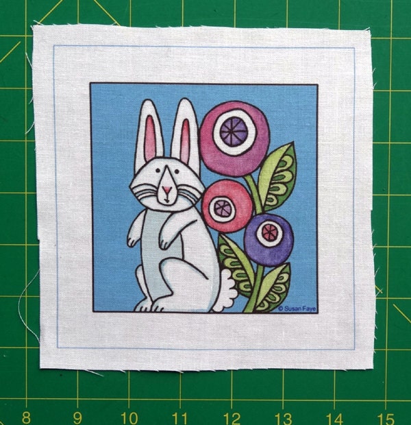 White Garden Bunny... Fabric Craft Panel Quilt Block for Sewing