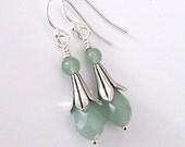 Green Aventurine Flower Bud Earrings, Silverfilled French Hooks