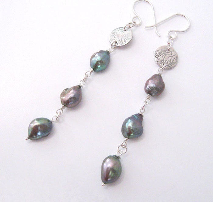 Baroque Pearl Earrings Fine Silver Wave, Long Dangle, Freshwater