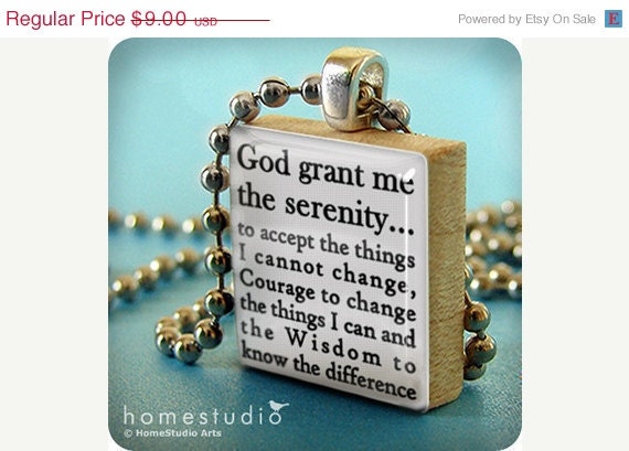 Moving Sale - SERENITY PRAYER : a pendant charm made from a Scrabble Game Tile game piece. Necklace chain sold separately