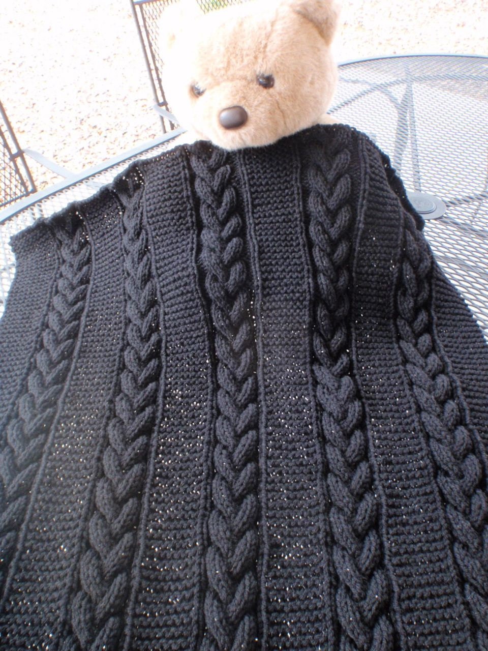 Black cable, hand knitted, baby blanket, for a new little boy or girl
