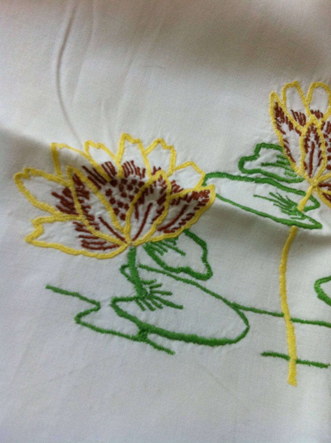 Water Lily  hand embroidered vintage pillowcase - standard size