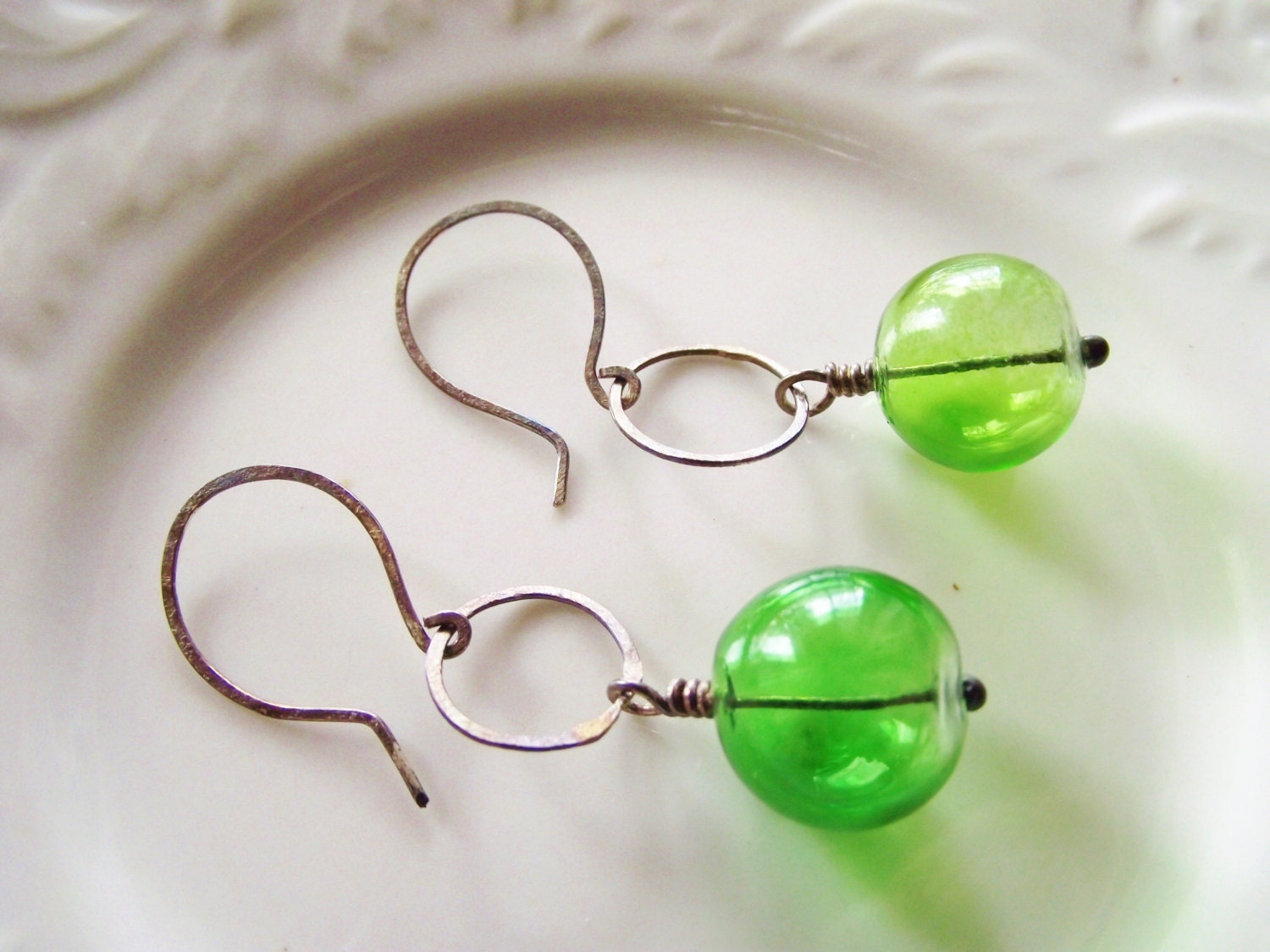 Spring Green Lanterns....hammered sterling and blown glass earrings...handmade