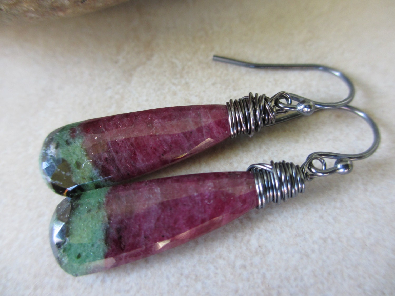 Ruby Zoisite Earrings, Oxidized, Sterling Silver, Black, Red, Purple, Pink, Green, Irisjewelrydesign