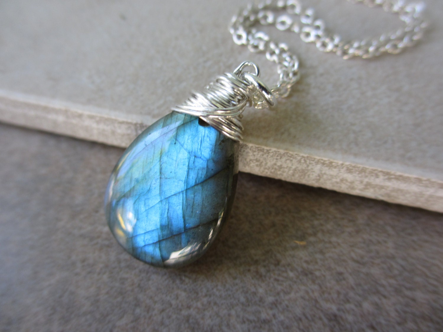 Blue Green Labradorite Necklace, Sterling Silver, Wire Wrapped, Large, Pendant, Irisjewelrydesign