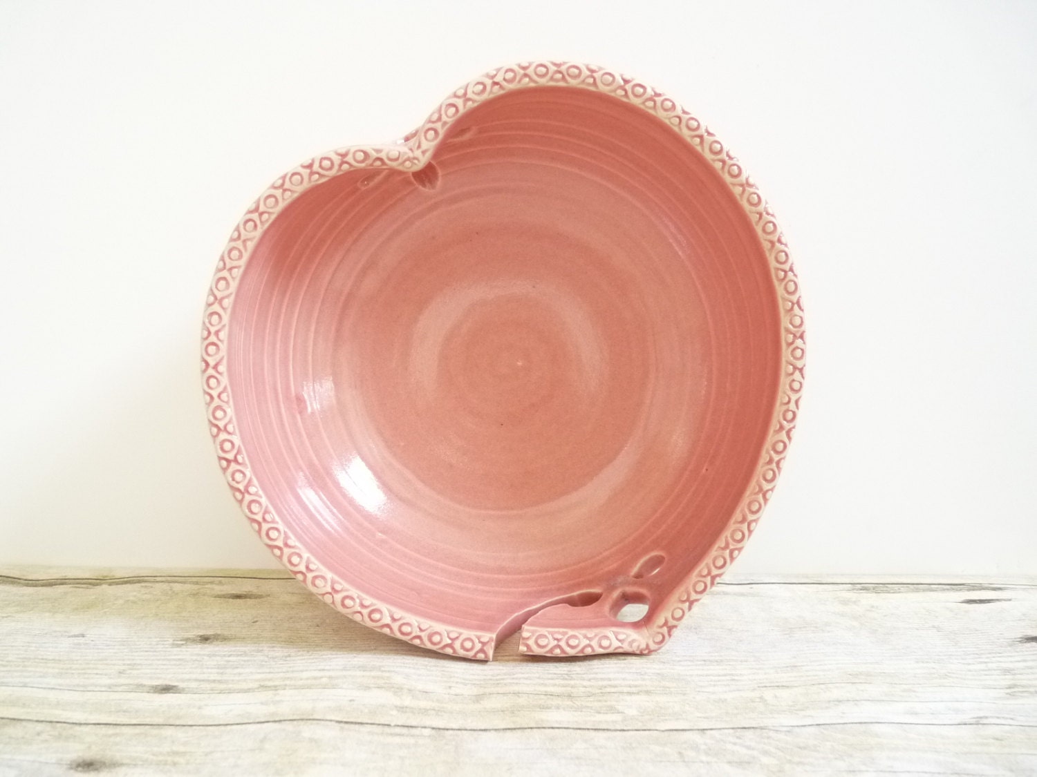 Valentine Heart Yarn Bowl Ceramic Handmade Wheel Thrown Pottery Honeysuckle Rose Pink - MyMothersGarden
