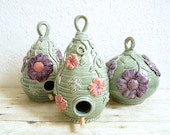 Ceramic Birdhouse with Honey Bees, Flower Blossoms and Vines Green Whimsical Design, Garden Art Handcrafted Pottery