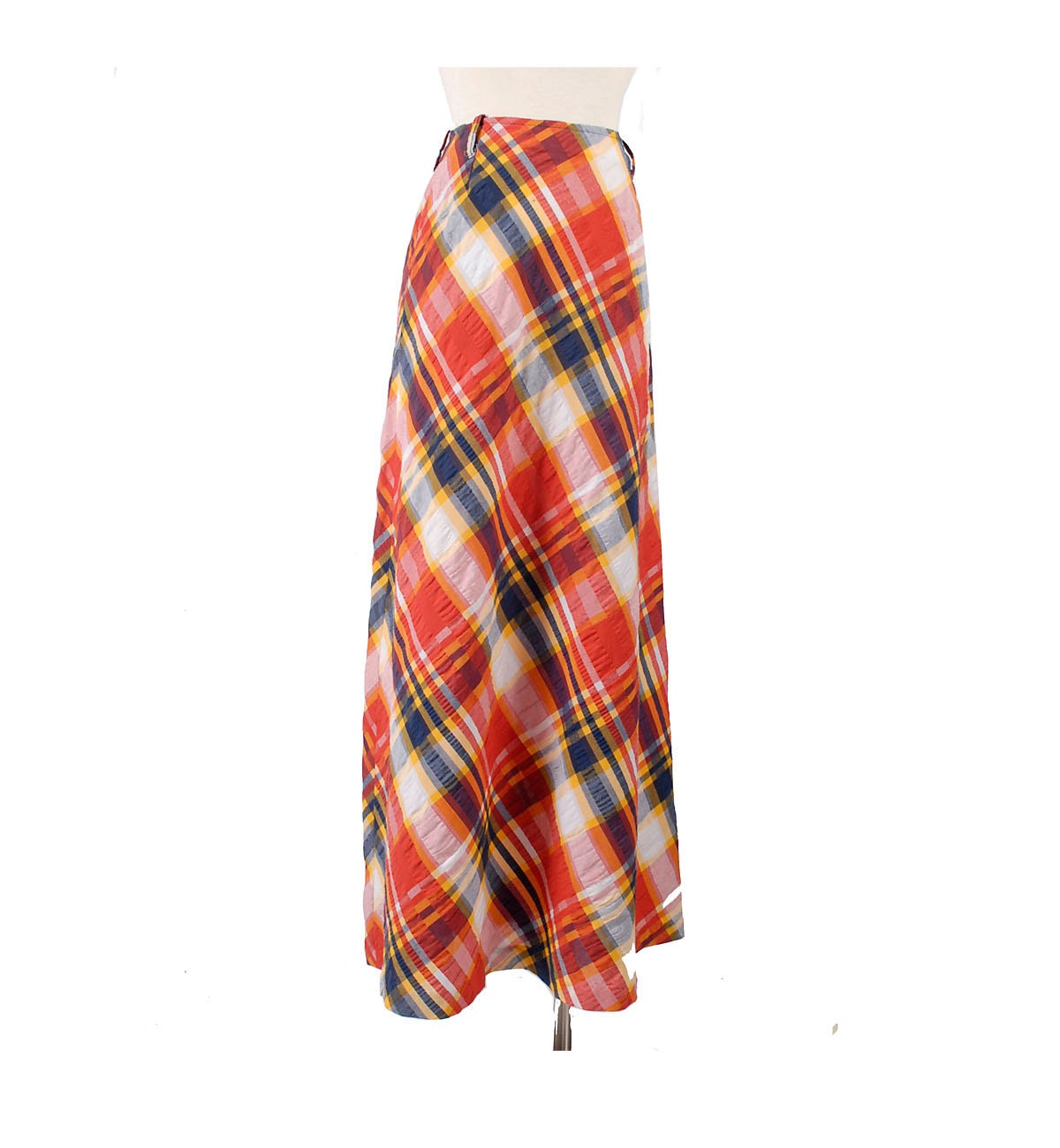 Vintage 70s Orange Red Blue Plaid Preppy Madras Maxi Skirt