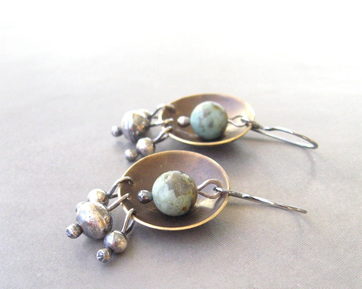 boho dangle earrings, tribal dangle earrings, brass sterling and african turquoise earrings