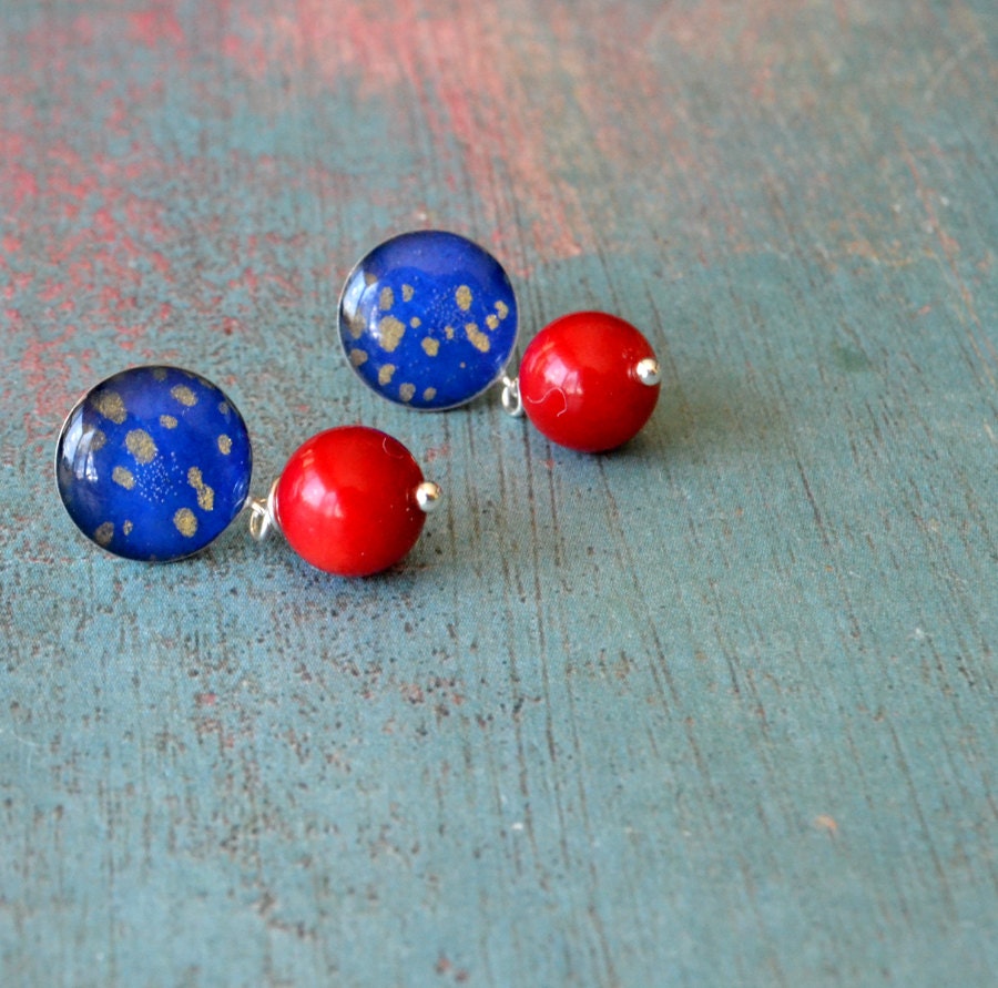 Japanese Garden earrings  in sterling silver - washi paper - coral stone