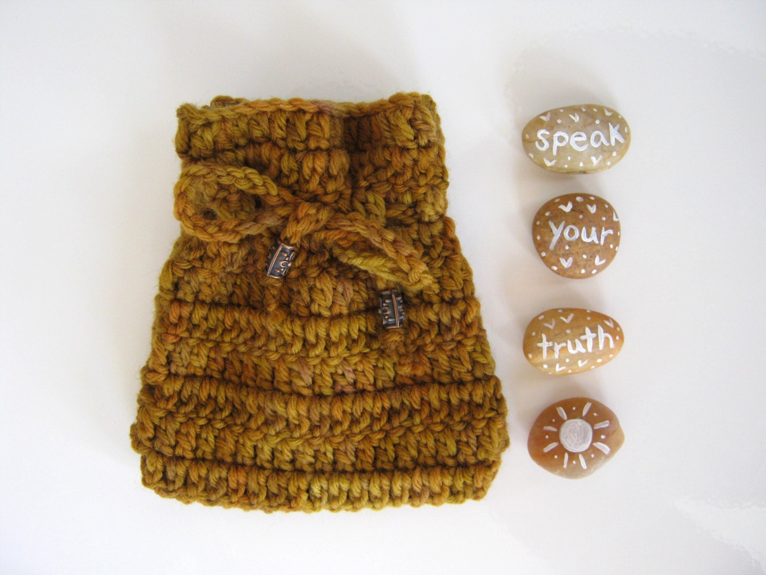 Hand Painted Mantra Stones with Crocheted Pouch Speak Your Truth