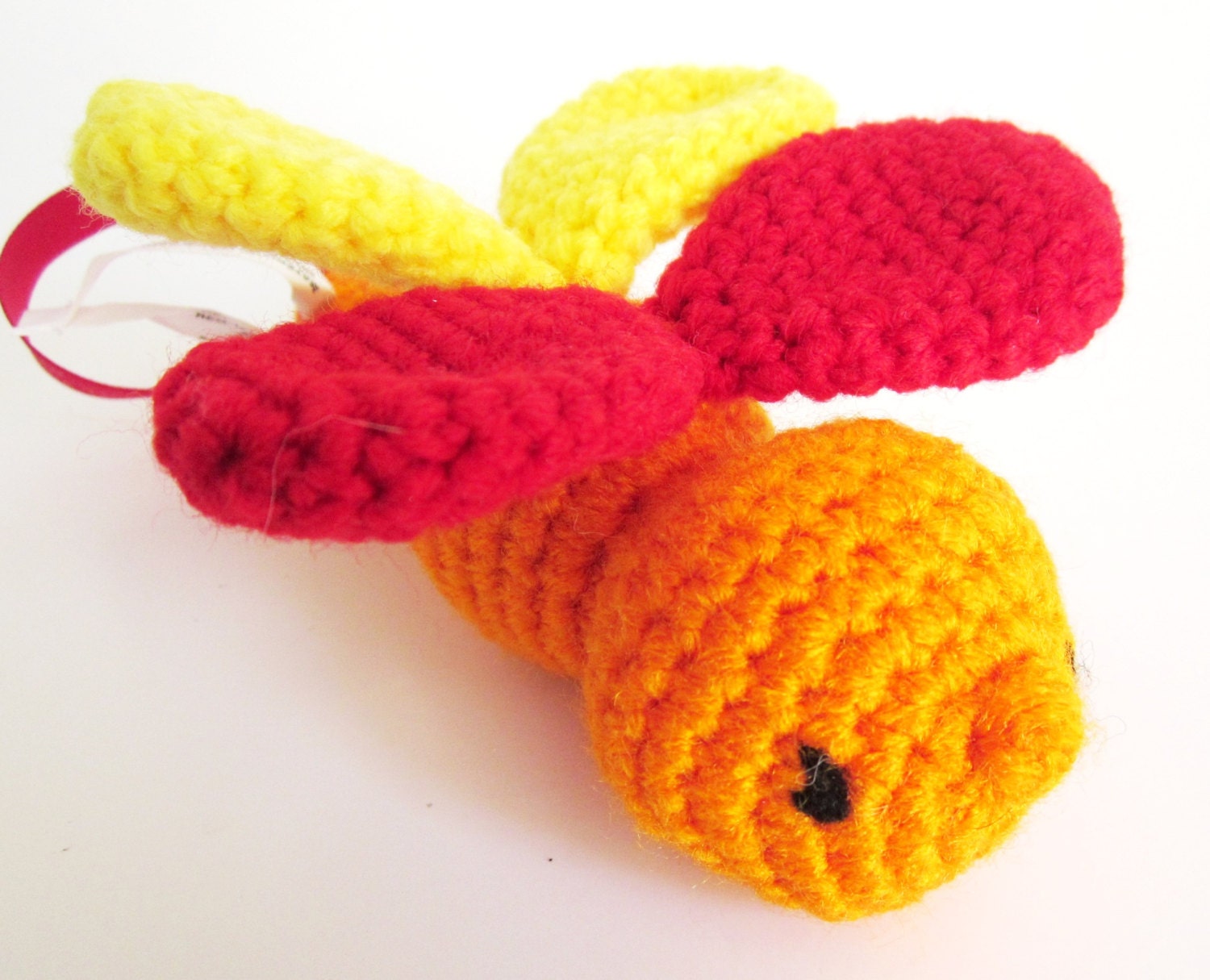 Animal RATTLE Amigurumi: Handmade Dragonfly Toy in Bright, Warm Orange, Yellow, and Red Washable Yarn - Crocheted by The Silver Hook