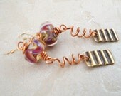Funky lampwork glass earrings with corrugated brass. Copper. Gold filled ear wires