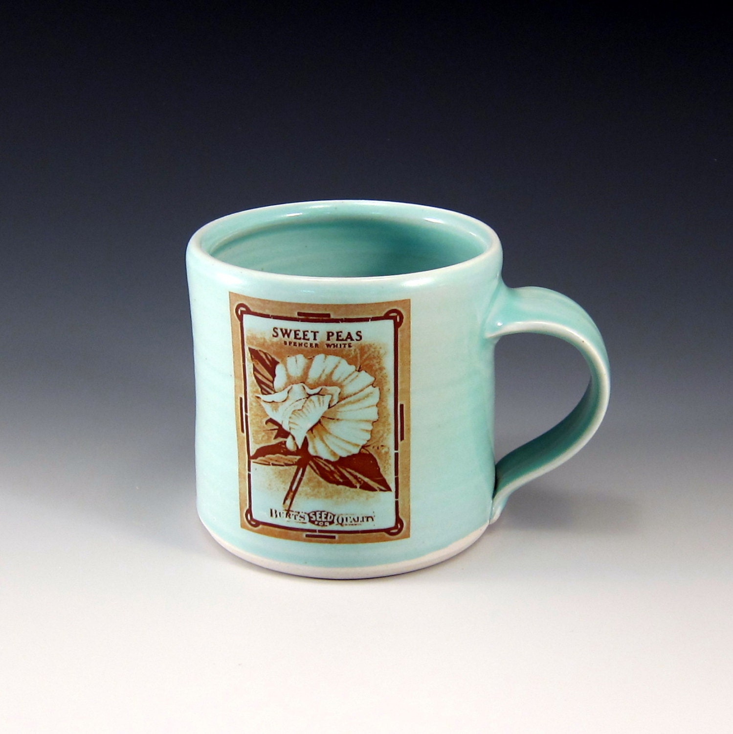 Sweet Pea Mug - Green glaze - "Vintage Seed Packet" series