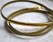 army olive green skinny leather triple wrap bracelet with long gold tube