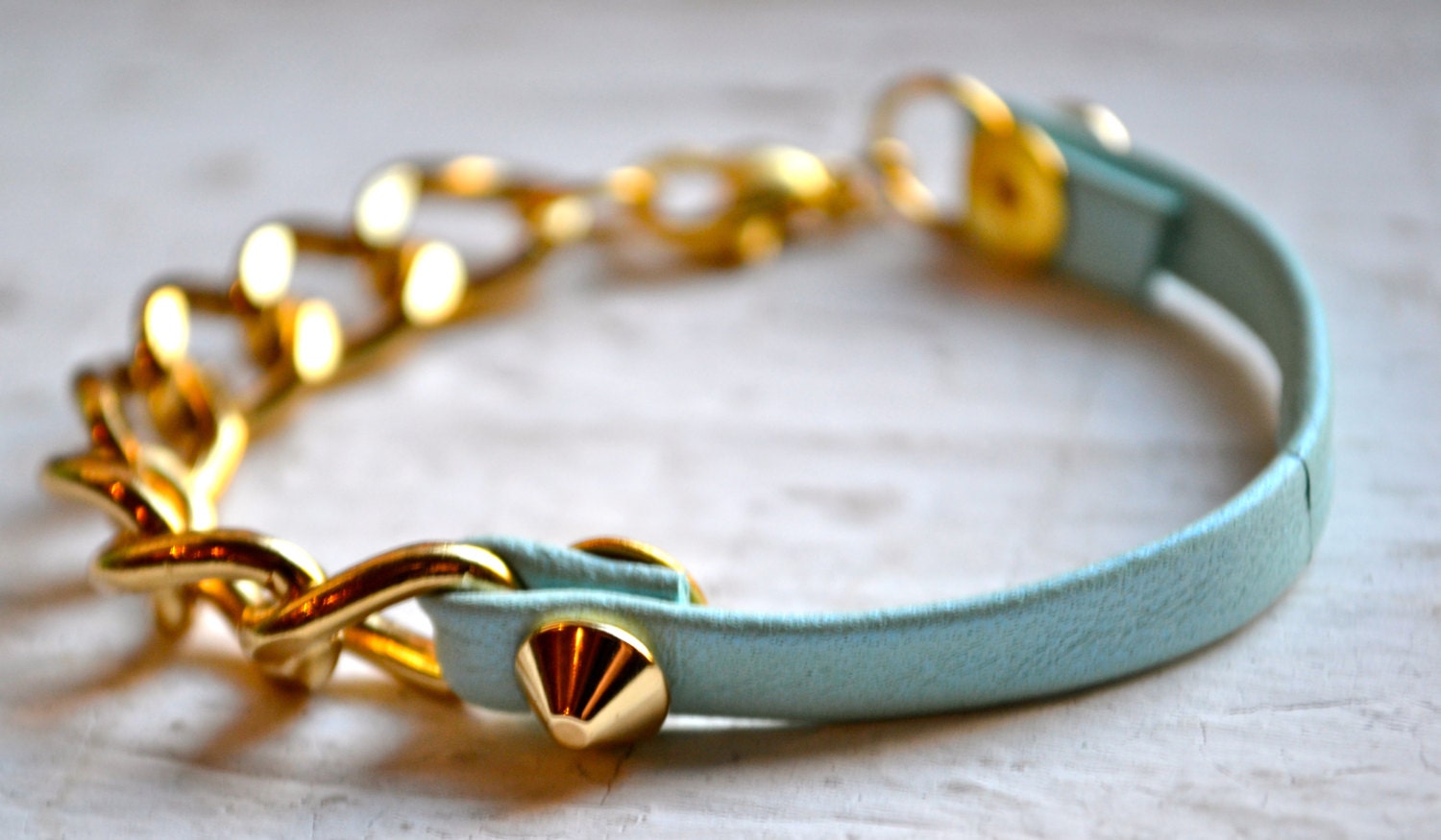 mint blue thin leather spike and chain layering bracelet