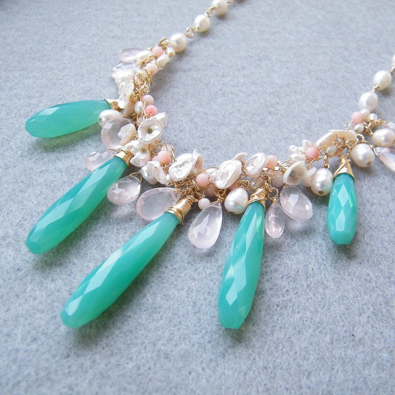 Statement Gemstone Necklace, Apple Green Chalcedony Necklace, Rose Quartz Necklace, Pearl Necklace, Coral Necklace, Floral Necklace, OOAK