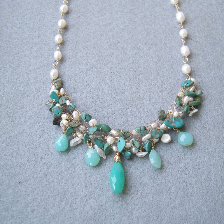 Statement Gemstone Necklace, Chalcedony  Necklace, Turquoise Necklace, Pearl Necklace, Floral Necklace, OOAK