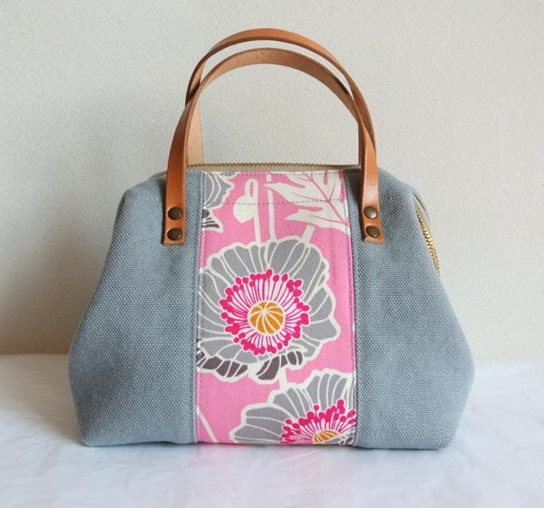 Mini Boston bag, canvas cotton patchwork - Poppy Pink in Grey