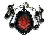 Steamgoth Bracelet - Black and Red  Rose Cameo