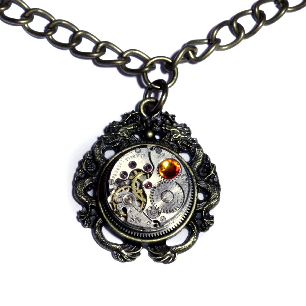 Steampunk Jewelry -  NECKLACE - Dragon and Antique Watch Movement with fire opal crystal