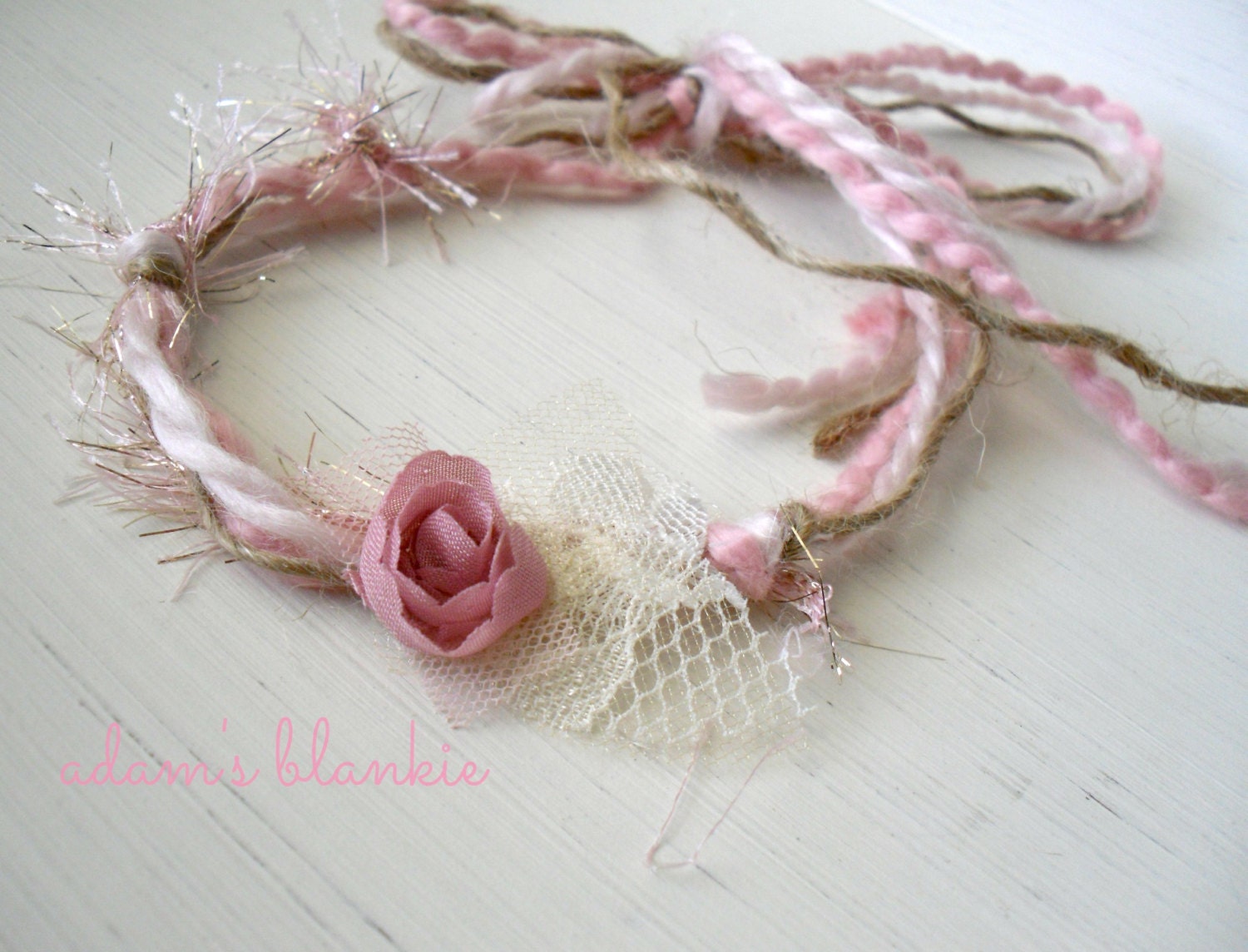 Faun - Tie Back Open Halo Headband Wrap - Gold Pink Cream - Rosette Lace - Newborn Baby Girl Infant Adults - Photo Prop
