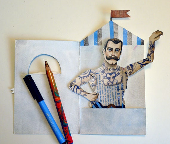 DIY Circus Tent Birthday Card Printable PDF Tattooed Man Paper Puppet for Children, for Paper Play, Unique Fun, Blue, Stripes