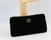 Vintage 1960s Purse Black Velvet Garay Evening Clutch with Clear Rhinestone Brooch